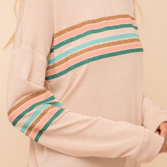 MYSTREE Striped Long Sleeve Crewneck Top, Blush Pink Retro Pullover - Picture 4 of 6